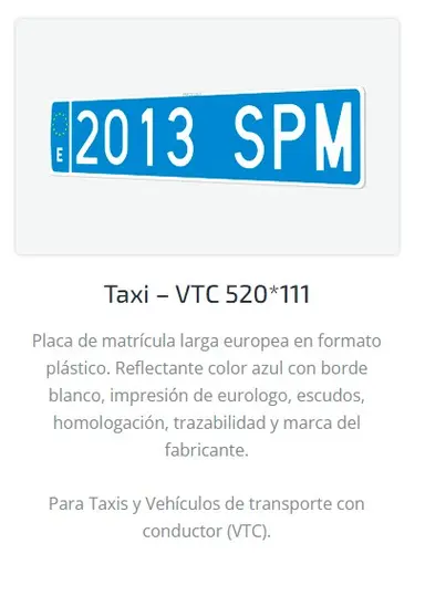 MATRICULA TAXI AZUL PLASTICO