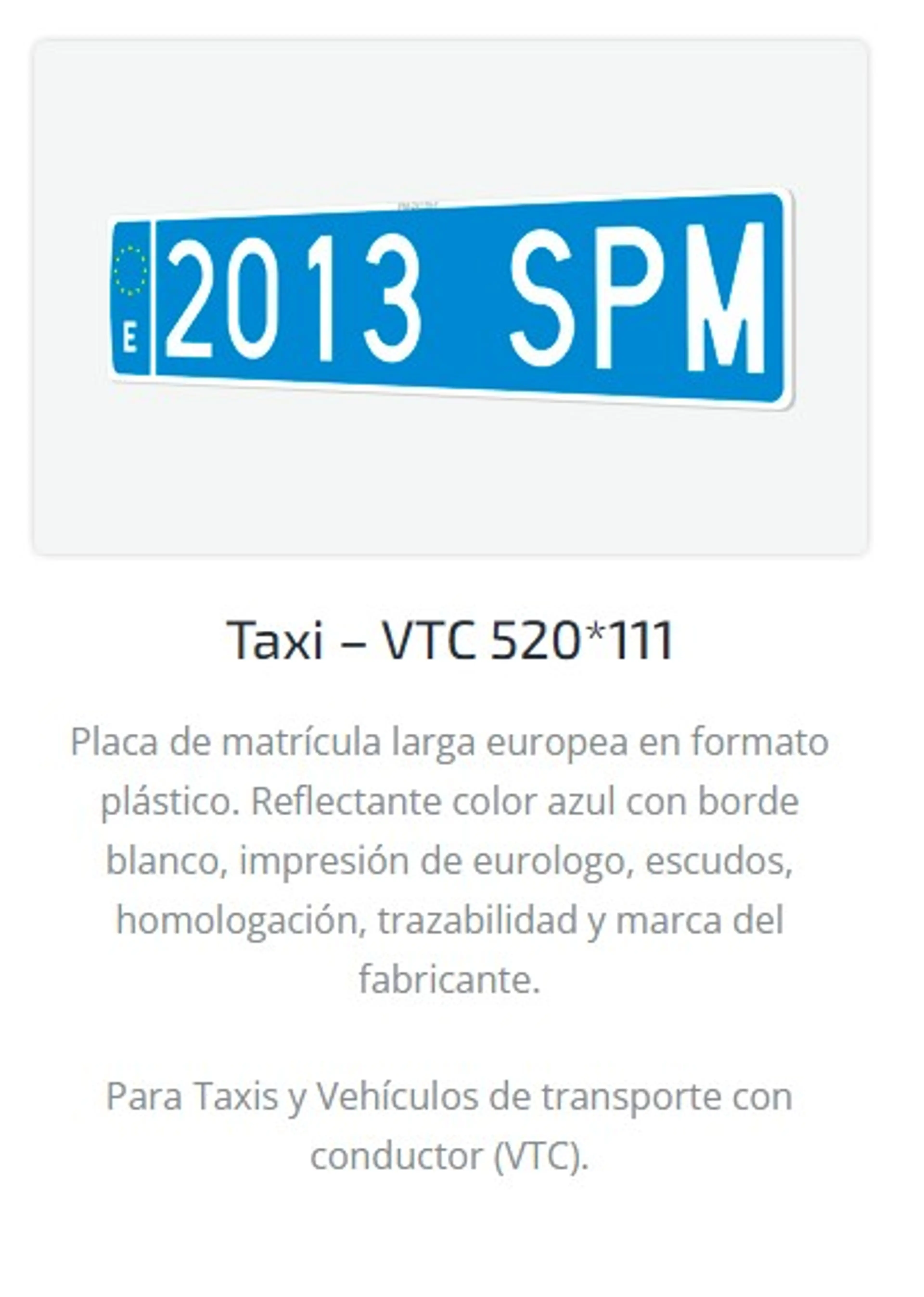 MATRICULA TAXI AZUL PLASTICO